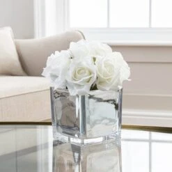 Artificial White Roses In Metallic Silver Plant Pot