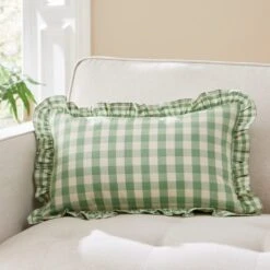 Frilled Gingham Cushion Green