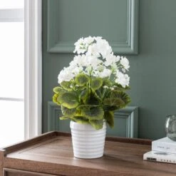 Artificial White Geranium In White Ceramic Plant Pot