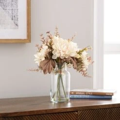 Artificial Dried Dahlia And Foliage Bouquet In Glass Vase