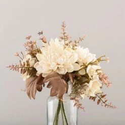 Artificial Dried Dahlia And Foliage Bouquet In Glass Vase -Home Decoration 30869209 alt02