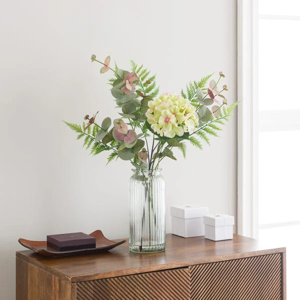 Artificial Green Hydrangea And Eucalyptus Bouquet In Ribbed Glass Vase 3 Artificial Green Hydrangea And Eucalyptus Bouquet In Ribbed Glass Vase