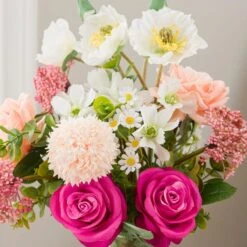 Artificial Rose & Poppy Bouquet In Ribbed Glass Vase 8 Artificial Rose & Poppy Bouquet In Ribbed Glass Vase -Home Decoration 30894993 alt02