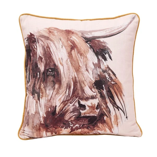 Meg Hawkins Highland Cow Square Cushion With Wooden Buttons 3 Meg Hawkins Highland Cow Square Cushion With Wooden Buttons