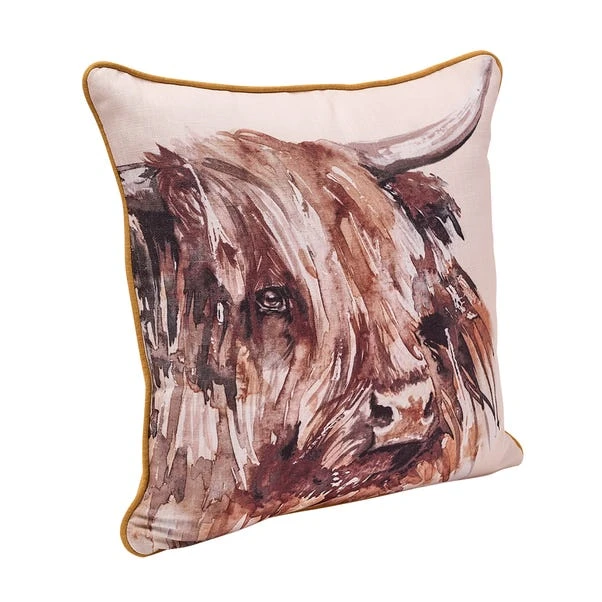 Meg Hawkins Highland Cow Square Cushion With Wooden Buttons 5 Meg Hawkins Highland Cow Square Cushion With Wooden Buttons - Image 3