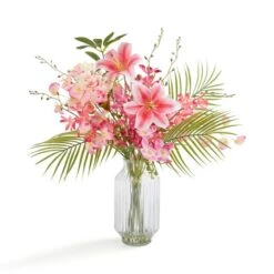 Artificial Orchid & Fern Bouquet In Ribbed Glass Vase -Home Decoration 30913773 alt02