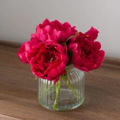 Artificial Pink Peony In Ribbed Glass Vase -Home Decoration 30923355 alt03