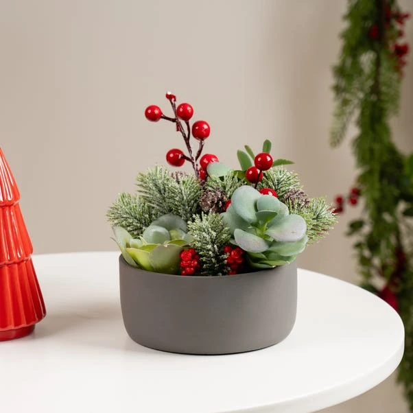 Artificial Christmas Succulents In Grey Cement Plant Pot 3 Artificial Christmas Succulents In Grey Cement Plant Pot