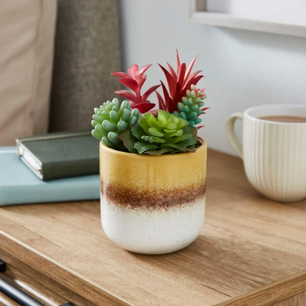 Artificial Succulents In Yellow Stripe Glazed Plant Pot 3 Artificial Succulents In Yellow Stripe Glazed Plant Pot