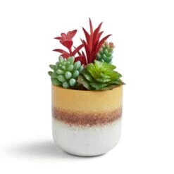 Artificial Succulents In Yellow Stripe Glazed Plant Pot 7 Artificial Succulents In Yellow Stripe Glazed Plant Pot -Home Decoration 30958641 alt02