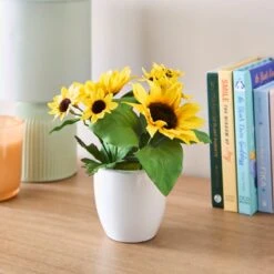 Artificial Yellow Sunflower Arrangement In White Ceramic Plant Pot