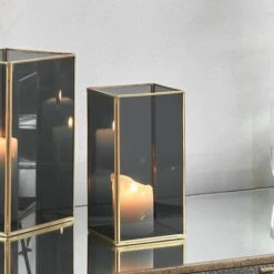 Brass & Smoked Glass Panelled Square Hurricane Candle Holder 14 Brass & Smoked Glass Panelled Square Hurricane Candle Holder -Home Decoration 30983187