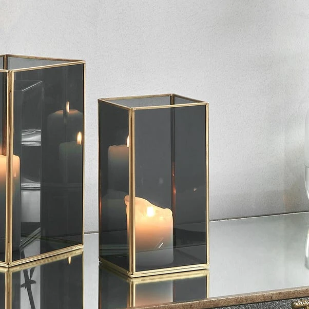 Brass & Smoked Glass Panelled Square Hurricane Candle Holder 7 Brass & Smoked Glass Panelled Square Hurricane Candle Holder - Image 5
