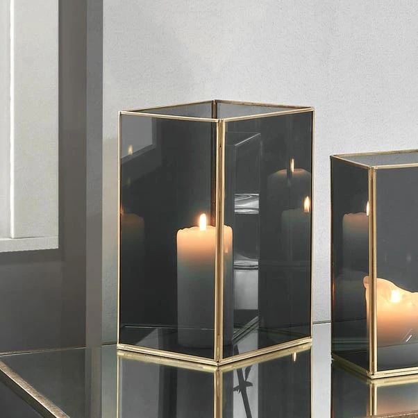 Brass & Smoked Glass Panelled Square Hurricane Candle Holder 3 Brass & Smoked Glass Panelled Square Hurricane Candle Holder