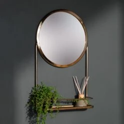 Ouko Round Brass Wall Mirror With Shelf